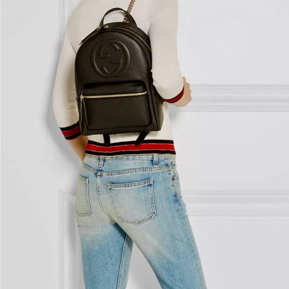 Gucci Black Pebbled Leather Soho Chain Backpack Bag